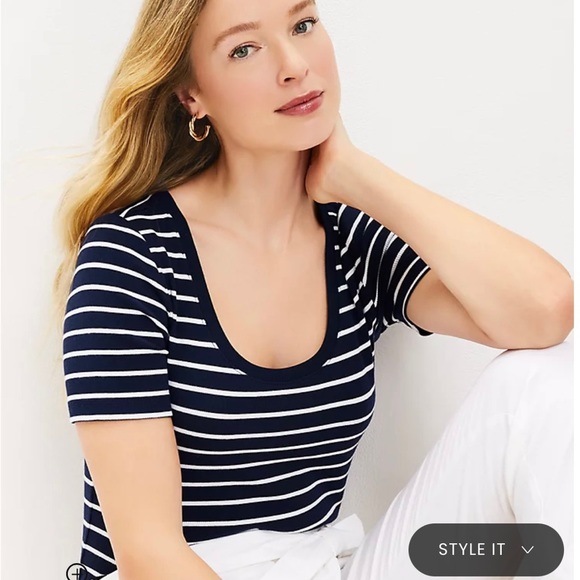 LOFT, Striped Scoop Neck Perfect Tee, Navy Blue, XL, NWT - Picture 3 of 3